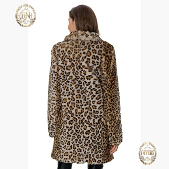 Leopard Print Faux Fur Sherpa Fleece Coat Jacket Overcoat - Picture 5 of 7